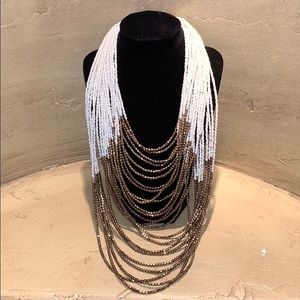 White and Antique Brass Bead Statement Necklace